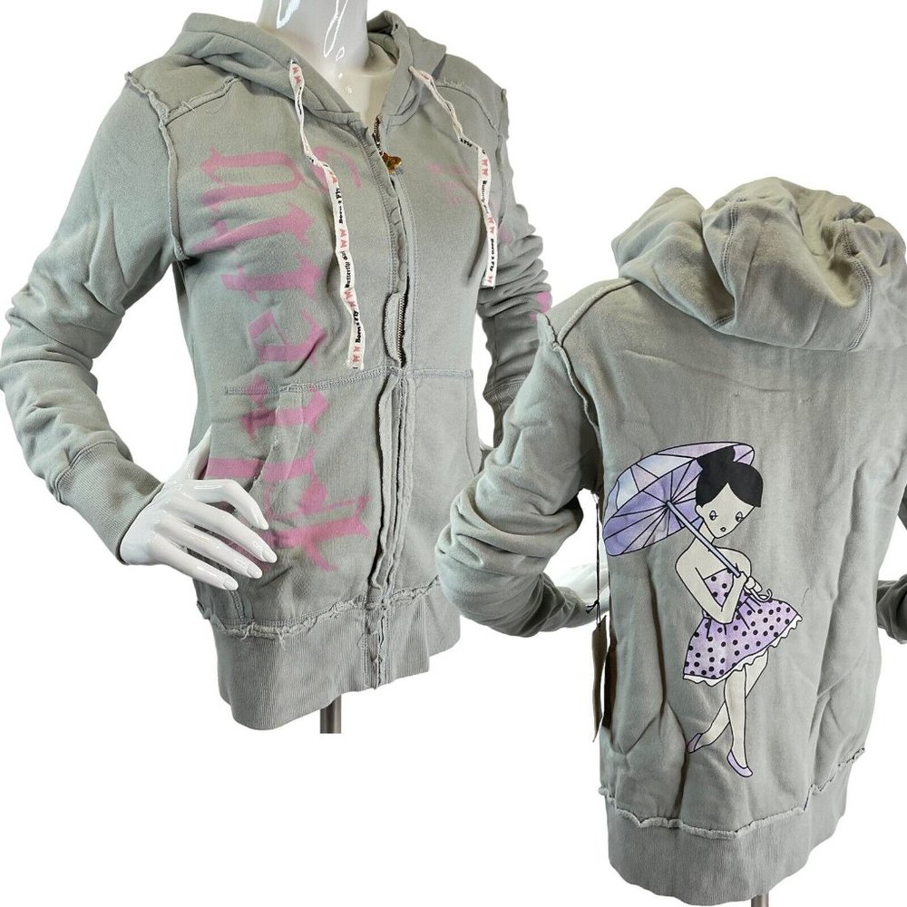 Lovestitch Womens Sz M Gray Sweatshirt Hooded Jacket Printed sleeve and back Nwt - Picture 1 of 12